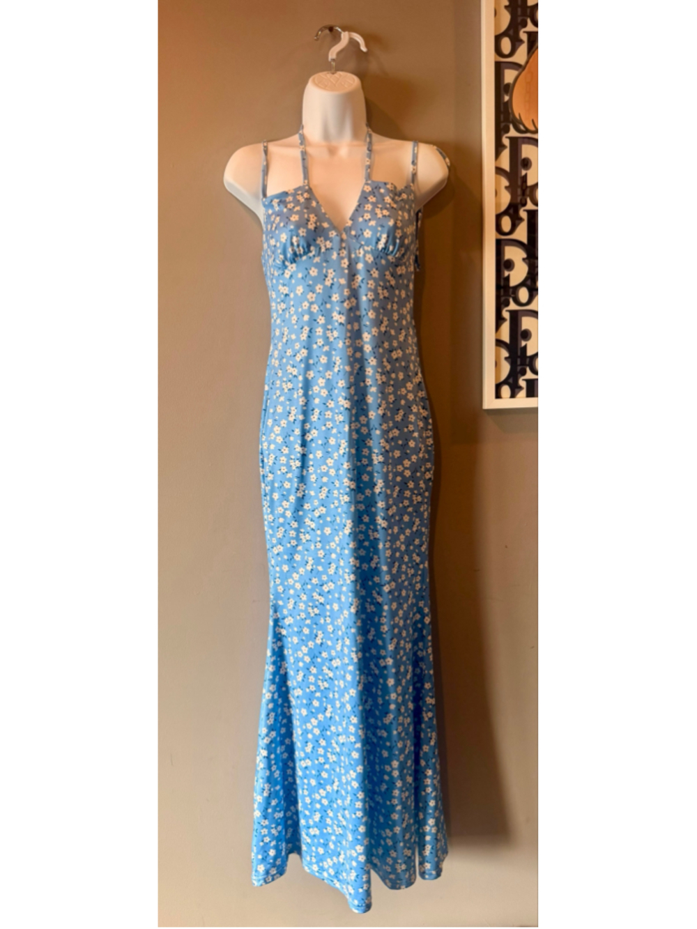 Women's Unbranded Blue Floral Tie-Strap Bodycon Maxi Dress – Size Small - Picture 4 of 9